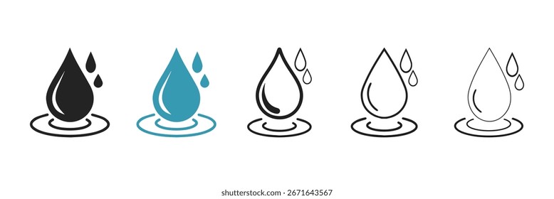 Conjunto de iconos de gota de agua azul Vector. estilo de línea delgada, contorno y trazo. 
Logotipo de gotita plana Formas colección
