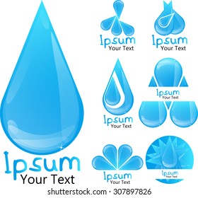 Vector blue water and drop icons or logs set isolated on white background.