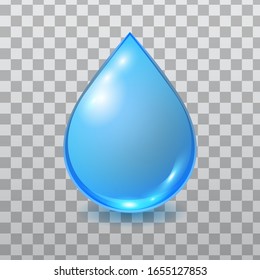 El agua azul vectorial cae aislada en el fondo a cuadros. Cae lágrima limpia. Ilustración realista 3D.