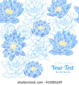 Vector blue water lily  flowers frame corner pattern . Invitation or greeting card design.Vector illustration