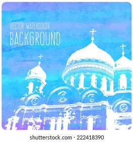 Vector blue watercolor background with Saint Basil's cathedral, Moscow, Russia