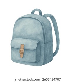 Mochila de acuarela azul Vector con bolsillo frontal y hebilla. Para diseños con temas escolares, gráficos de regreso a la escuela, útiles para estudiantes e ilustraciones educativas