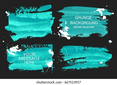 Vector blue watercolor brush stroke and white blots collections isolated on black background. Hand drawn elements for your design