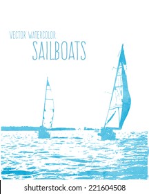 Vector blue watercolor sailboats. Sailing regatta