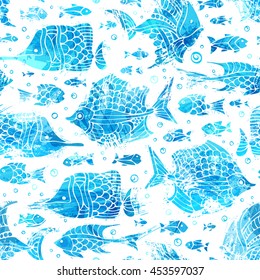 Vector blue watercolour seamless fish pattern. Bright watercolour sea fishes on white background. Boundless background of underwater ocean life.