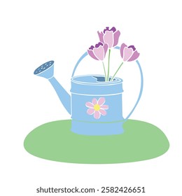 Vector blue watering can as vase with pink tulips flowers in hand drawn flat style, isolated. Cute seasonal spring gardening floral illustration, clip art