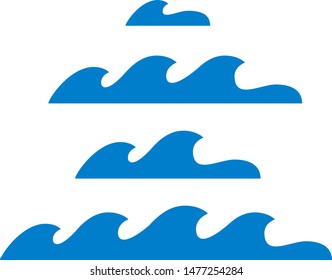 Vector blue wave icons set on white background. Water waves different sizes in same style. Stylised water wave silhouette
