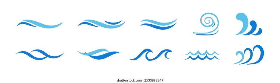 Ícones de onda azul vetorial definidos. Conjunto de ondas vetoriais, curvas de água para logotipo e ícone