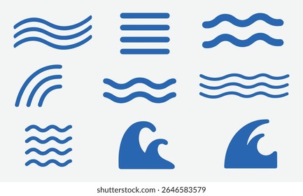 Vector Blue Wave Icons Set of Ocean and Water Symbols in Line and Silhouette Vector Style on White Background