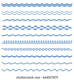 Vector Blue Wave Icons Set On White Background. Water Waves