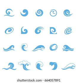 Vector blue wave icons set on white background. Water waves