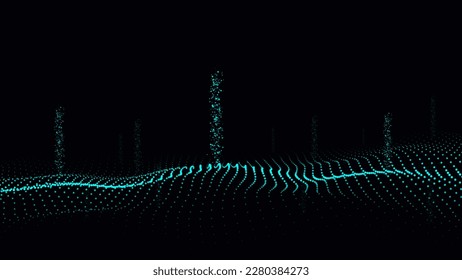 Vector blue wave with motion dots. Abstract digital background. Concept connection big data. Sending data to the internet in form particle. Futuristic technology backdrop.