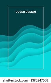 Vector blue wave paper cut shapes concept with frame. Creative 3d carving art abstract background. Template composition layout design for web, site, vertical banner, poster, business presentation