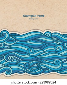 Vector blue waves pattern on cardboard background, volume paper effect, transparent shadows