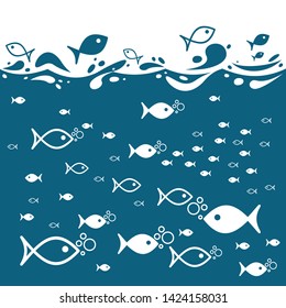 Vector blue waves of the sea and many fish icon with air babbles. Creative underwater world design for poster or web banner design. Vector illustration flat design. One blue color.