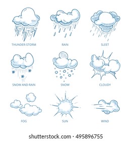 vector blue weather icons for use on the website. Pictures in hand drawn style. Doodle isolate on white background.