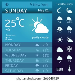 Vector Blue Weather Widget Template. Weather Icon Set.