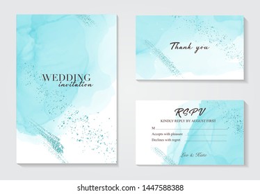 Vector blue wedding invitation alcohol ink card. Calligraphy artistic greeting card, holiday invitation ink with foil glitter. Party design .