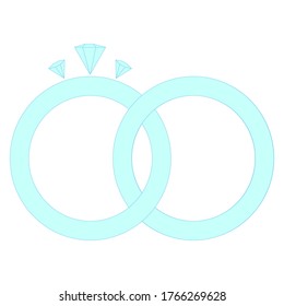 Vektorblaue Hochzeitsringe Symbol auf weißem Hintergrund. Silberschmuck. Goldene Ringe mit Diamant. Luxus-Ring mit Edelsteinen. Ringsymbol für Tagebuch, Hochzeitskarte, Einladung, Grußkarte, Aufkleber