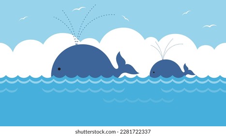 Familia De Ballenas Azules Vectoras En El Mar Ilustración De Fondo Sin Precedentes Con Cielo Azul, Nubes Blancas Y Espacio De Texto. Repetible horizontalmente.