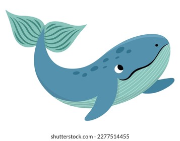 Vector blue whale icon. Under the sea illustration with cute funny fish. Ocean animal clipart. Cartoon underwater or marine clip art for children isolated on white background
