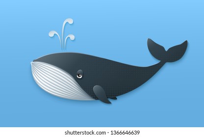 Vector blue whale isolated on light blue background. A marine animal in the style of paper cutting