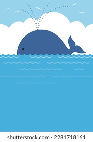 Vector Blue Whale In The Sea Seamless Background Illustration With Blue Sky, White Clouds, And Text Space.