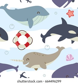 vector blue whale, sperm whale, narwhal and killer whale seamless pattern