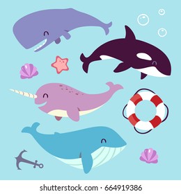 vector blue whale, sperm whale, narwhal and killer whale set