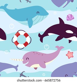 vector blue whale, sperm whale, narwhal and killer whale seamless pattern with stripes