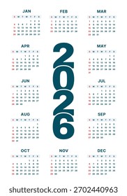 Vector Azul Y Blanco 2026 Año Calendario Plantilla