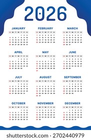 Vector Azul Y Blanco 2026 Año Calendario Con Plantilla De Estilo Ondulado