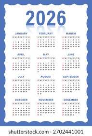 Vector Azul Y Blanco 2026 Año Calendario Con Plantilla De Estilo Ondulado