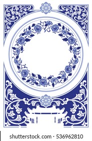 Vector blue and white Chinese decorative frame with space for text.  Chinese porcelain design mix Art nouveau style.