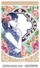 Vector Blue and White Chinese Lady in Retro Style with floral on Art Deco and background.