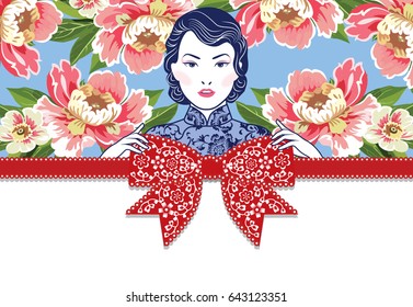 Vector Blue and White Chinese Lady in Retro Style Holding Red Bow Ribbon on Floral Background. Part of the bottom of the image Leave it for text input.