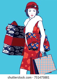 Vector Blue and White Chinese Lady in Retro Style Holding gifts box and shopping bags on blue background. Christmas and new year celebration.