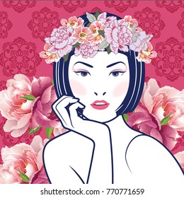 Vector Blue and White Chinese Lady in Retro Style on floral background.