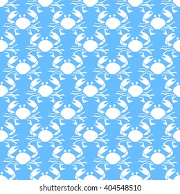 Vector blue and white Crab seamless geometric simple minimalistic marine pattern. Abstract retro nautical style. Texture for printing onto fabric, web page background and wallpaper or invitation.