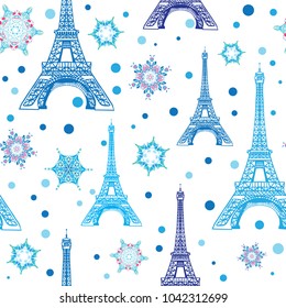 Vector Blue White Eifel Tower Paris and Snowflakes Seamless Repeat Pattern. Perfect for holiday travel themed postcards, greeting cards, Christmass greeting cards.