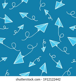 Vector blue and white flying paper planes seamless patterns on blue background. Can be used as wallpaper banner or card template textile fabric prints wrapping paper print or for any other use. 