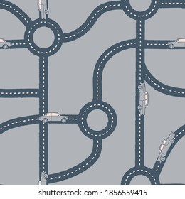 Vector blue white grey roads cars seamless pattern