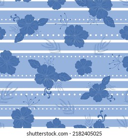 Vector blue white hand drawn floral stripes elegant seamless pattern. Retro repeat background.  Great for all uses