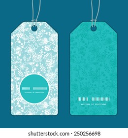 Vector blue and white lace garden plants vertical round frame pattern tags set