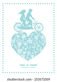 Vector blue and white lace garden plants couple on tandem bicycle heart silhouette frame pattern greeting card template