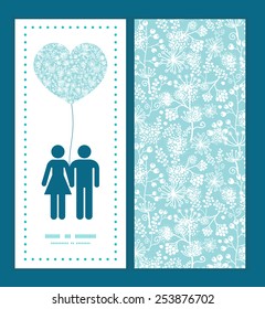 Vector blue and white lace garden plants couple in love silhouettes frame pattern invitation greeting card template