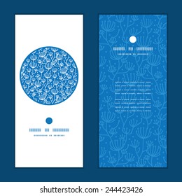 Vector blue white line art plants vertical round frame pattern invitation greeting cards set
