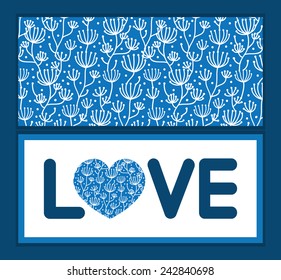Vector blue white lineart plants love text frame pattern invitation greeting card template
