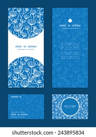 Vector blue white lineart plants vertical frame pattern invitation greeting, RSVP and thank you cards set