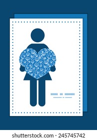 Vector blue white lineart plants woman in love silhouette frame pattern invitation greeting card template